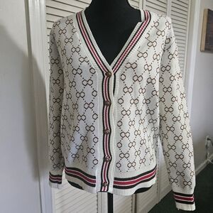 White and Brown Patterned Sweater with Ribbed Cuffs